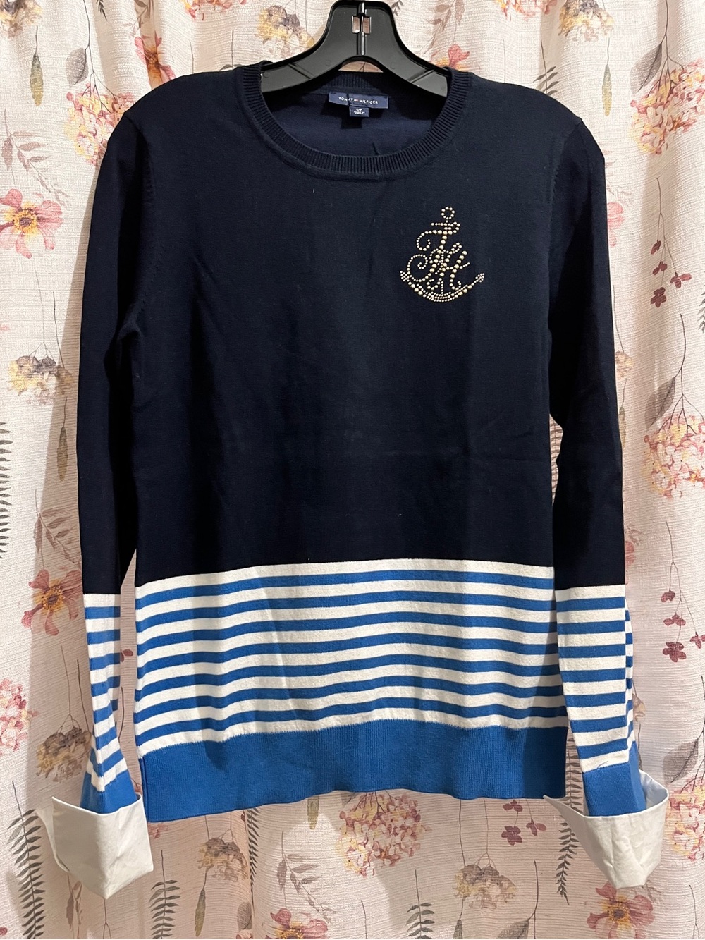 Tommy Hilfiger Navy & White Striped Crewneck with Gold Logo Detail